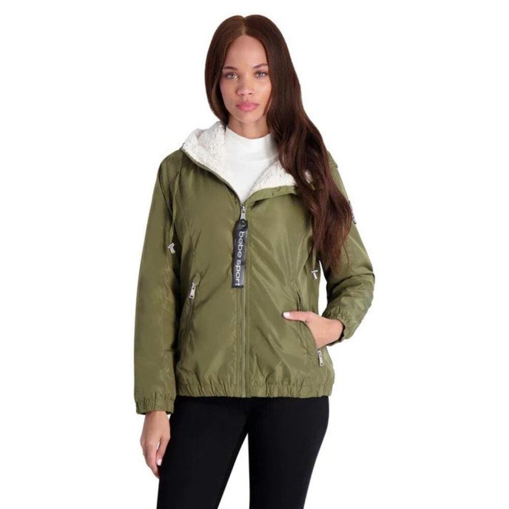 NEW Bebe Sport Medium Water Resistant Fur Lined Hooded Jacket Lt. Olive